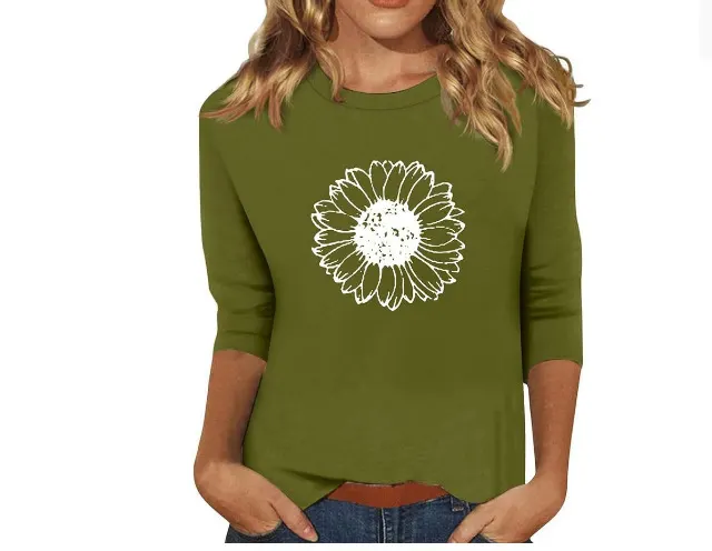 New Women's Clothing Round Neck 34 Sleeves Loose Print T shirt 0067 Style - Shop at LoveMi