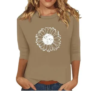 New Women's Clothing Round Neck 34 Sleeves Loose Print T-shirt - 0068