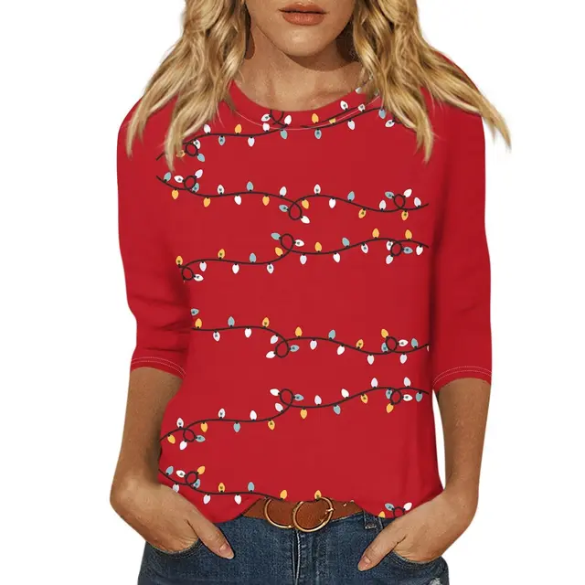 New Women's Clothing Round Neck 34 Sleeves Loose Print T shirt 0073 Style - Shop at LoveMi