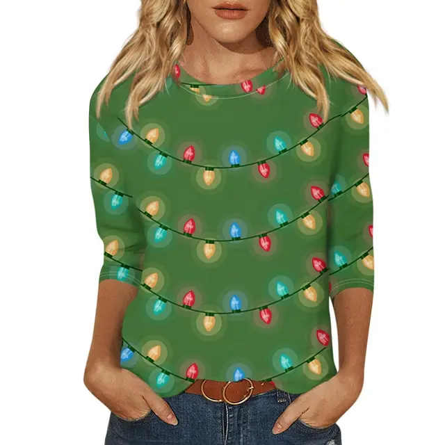 New Women's Clothing Round Neck 34 Sleeves Loose Print T shirt 0075 Style - Shop at LoveMi