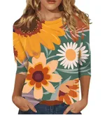 New Women's Clothing Round Neck 34 Sleeves Loose Print T-shirt - 0099 Style-Xxl