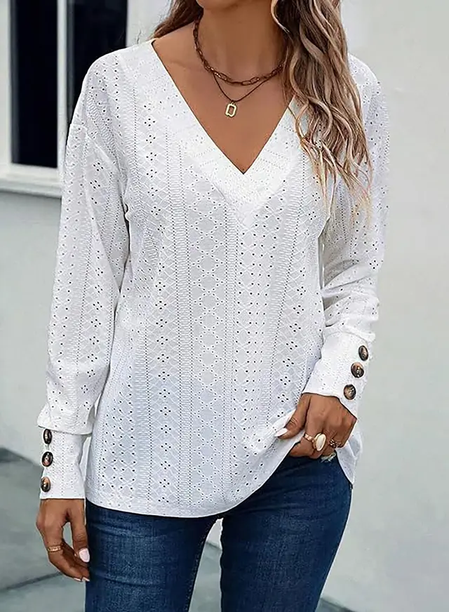 Hollowed out V neck Drop shoulder Long sleeve Button T shirt White - Shop at LoveMi