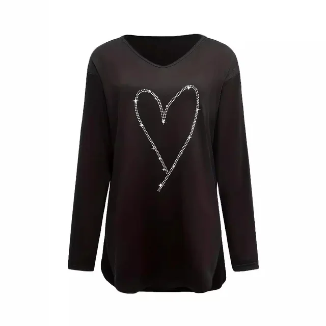 Women's Rhinestone Heart shaped V neck Straight Casual Long sleeved Top Black - Shop at LoveMi