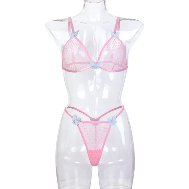 Two piece Butterfly Three dimensional Embroidery Sexy Lingerie Pink - Shop at LoveMi