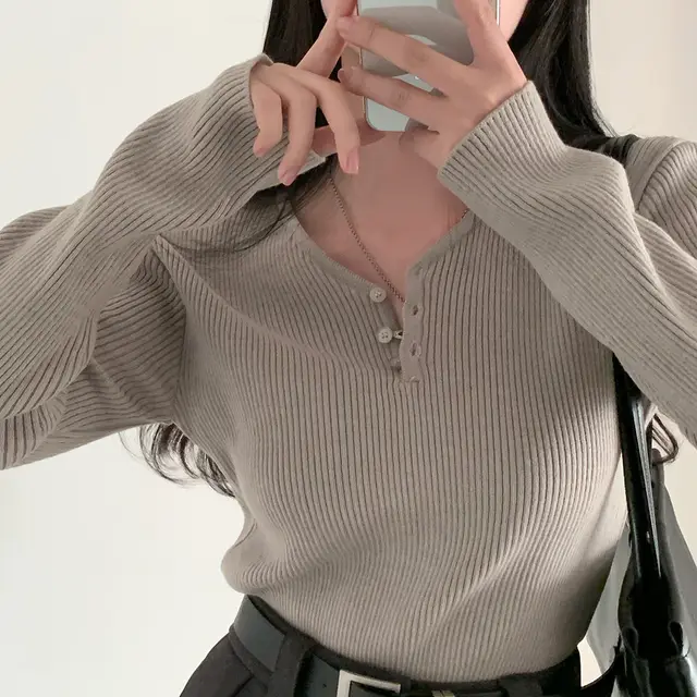 Leisure Day WANGXING Button V neck Sweater Light Gray - Shop at LoveMi