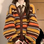 Women's Loose Contrast Color Striped V-neck Sweater Cardigan Coat - Mixed Color Stripe