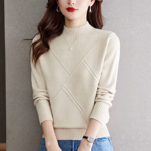 Autumn And Winter New Half Turtleneck Loose Inner Wear Sweater For Women Beige - Shop at LoveMi