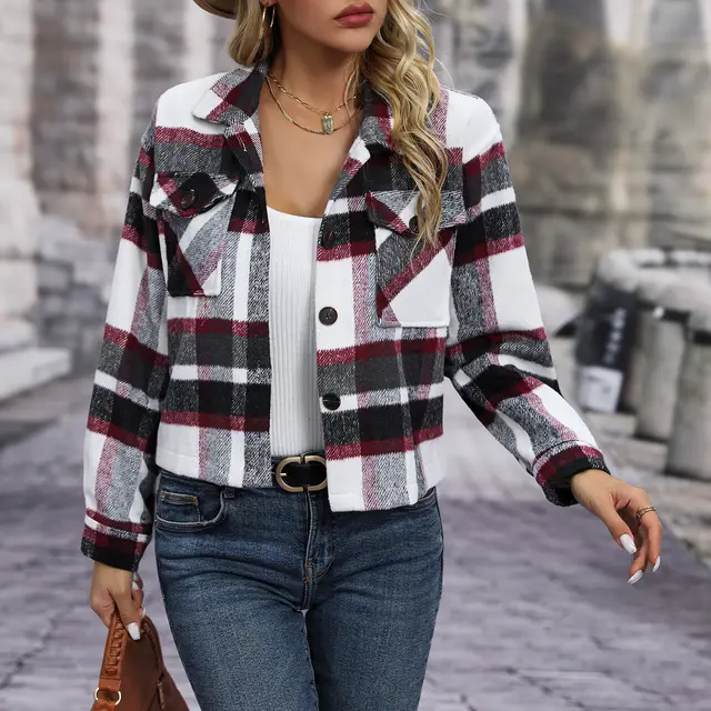 Autumn And Winter New Fashion Casual Pocket Plaid Women's Woolen Short Coat Black - Shop at LoveMi