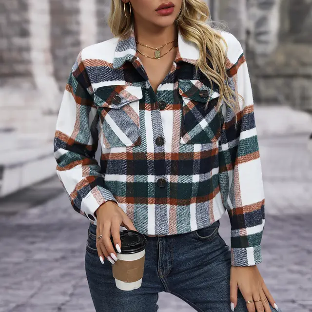 Autumn And Winter New Fashion Casual Pocket Plaid Women's Woolen Short Coat Green - Shop at LoveMi