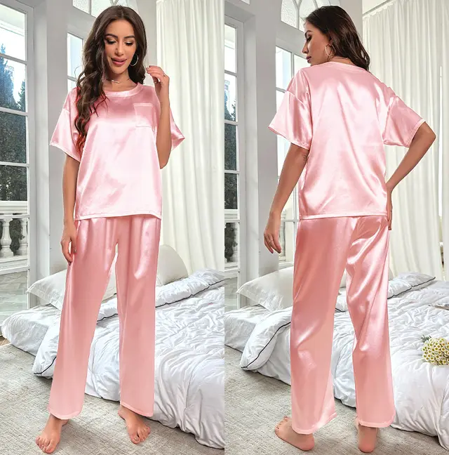 Loose Casual Ice Silk Short Sleeve Trousers Pajamas Suit Light Pink - Shop at LoveMi