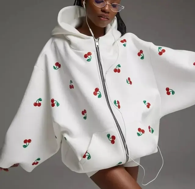 Women's Cherry Print Zip Hoodie White - Shop at LoveMi