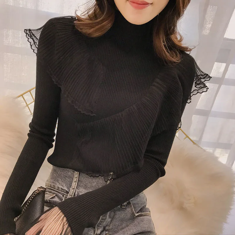 Women's Lace Patchwork Ruffled Sweater Black - Shop at LoveMi