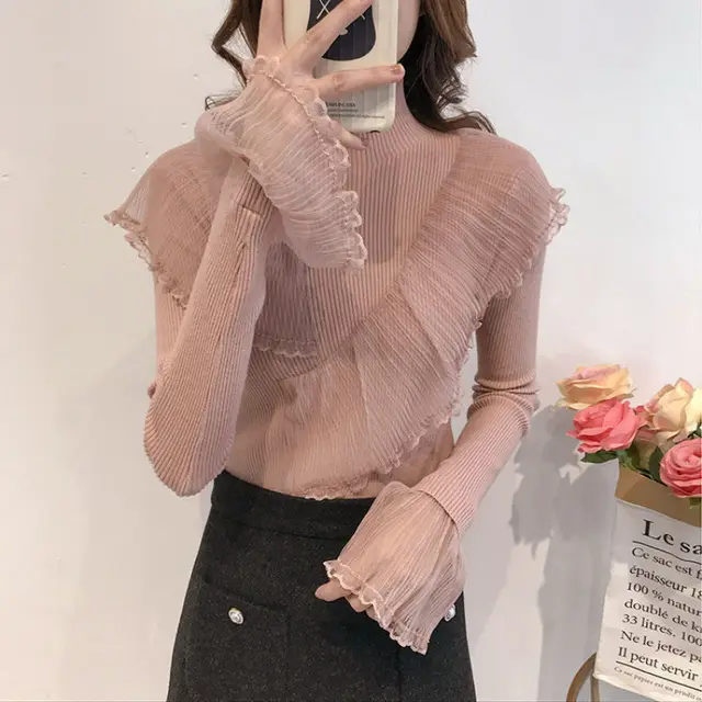 Women's Lace Patchwork Ruffled Sweater Pink - Shop at LoveMi