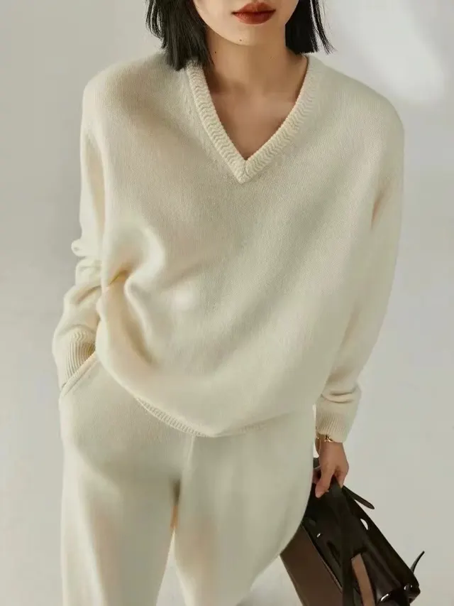 Women's V neck Sweater Knitted Bottoming Shirt White - Shop at LoveMi