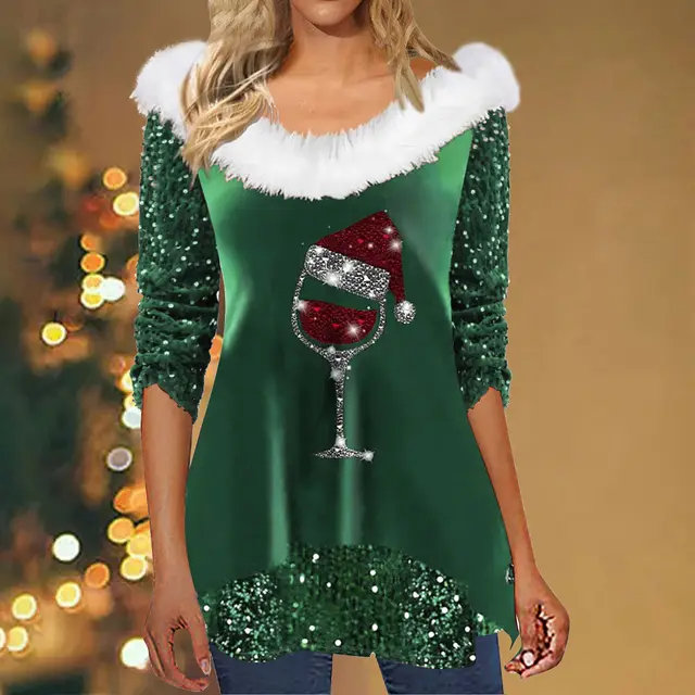 Printed Long Sleeve V neck Pullover Fur Collar Sequins T shirt Green - Shop at LoveMi