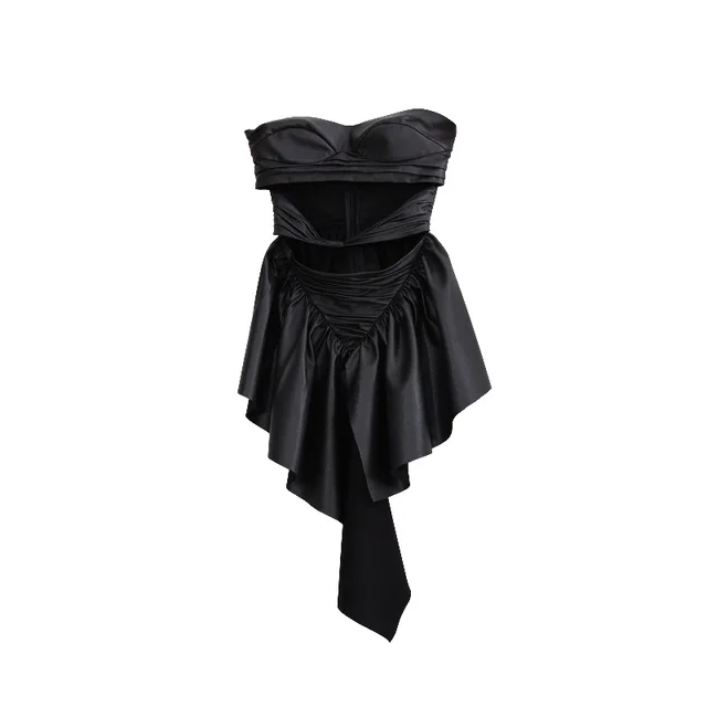 Hollow Heart Machine Ruffled Matte Poly Urethane Leather Tube Top Black - Shop at LoveMi