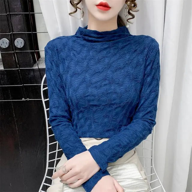 Thickened Half high Collar Bottoming Shirt For Women Blue - Shop at LoveMi