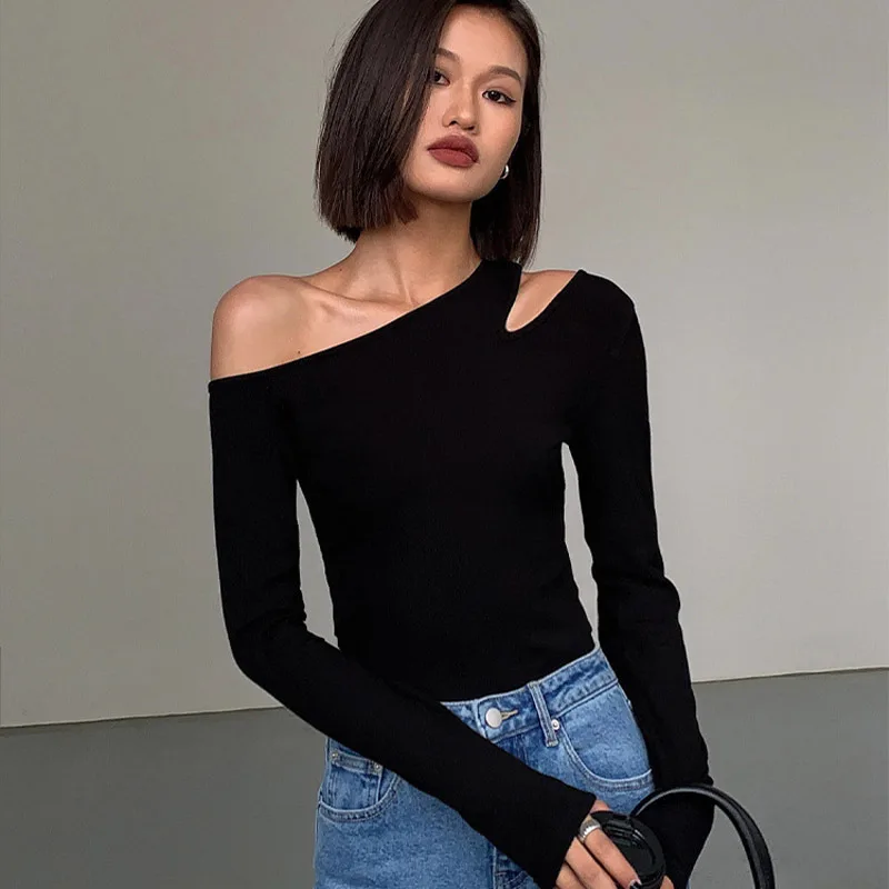 Women's Black Sexy One shoulder Crossbody Bottoming Shirt Black - Shop at LoveMi