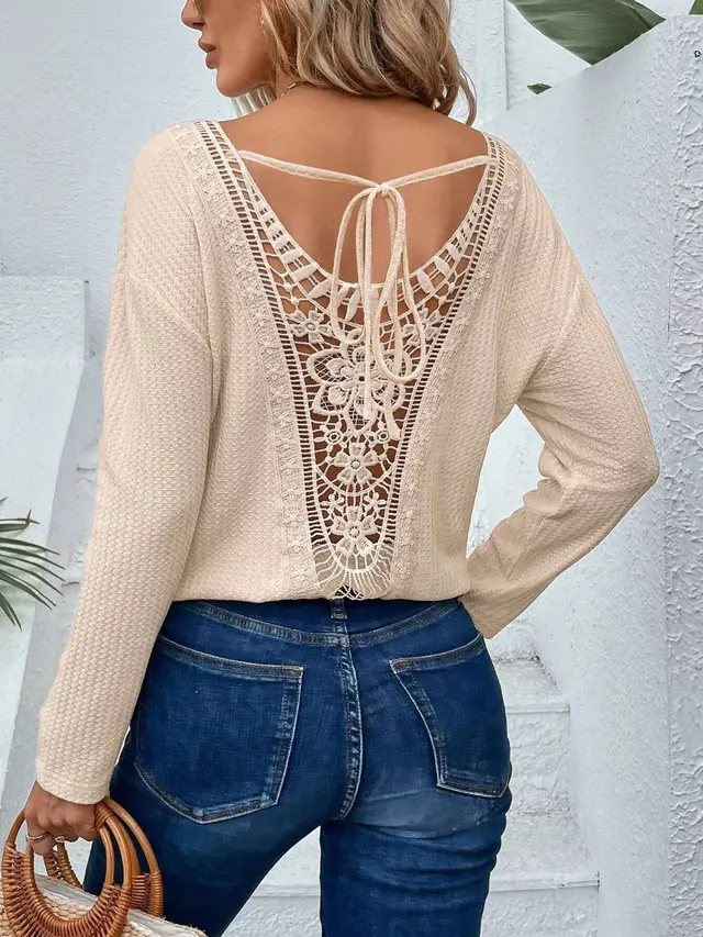 Elegant Lady V neck Stitching Fashion Lace Back Tie Bow Long Sleeve Apricot - Shop at LoveMi