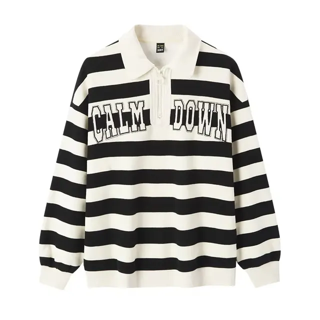 Polo Collar Alphabet Embroidery Half Zipper Velvet Hoodie Black And White - Shop at LoveMi