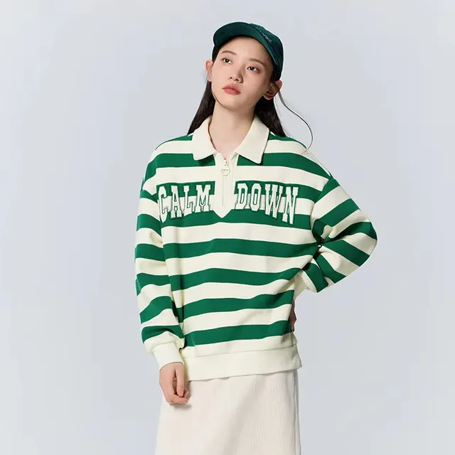 Polo Collar Alphabet Embroidery Half Zipper Velvet Hoodie Green And White - Shop at LoveMi