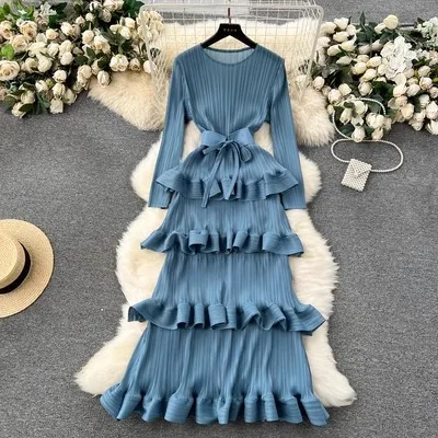Cake Heavy Industry Pleated Slim Long Dress Cloudy Blue - Shop at LoveMi