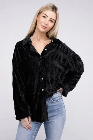 Autumn Multi-layer Pleated Velvet Single-breasted Shirt For Women - Black