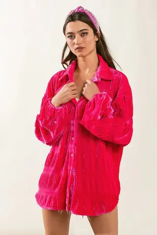 Autumn Multi-layer Pleated Velvet Single-breasted Shirt For Women - Scarlet