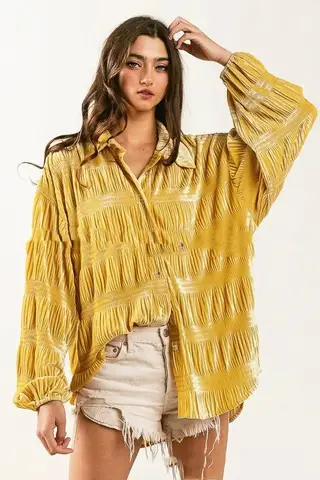Autumn Multi-layer Pleated Velvet Single-breasted Shirt For Women - Yellow