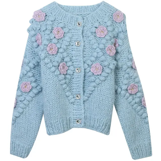 Heavy Industry Hand Crochet Flower Three dimensional Decoration Round Neck Loose Knitted Cardigan Blue - Shop at LoveMi