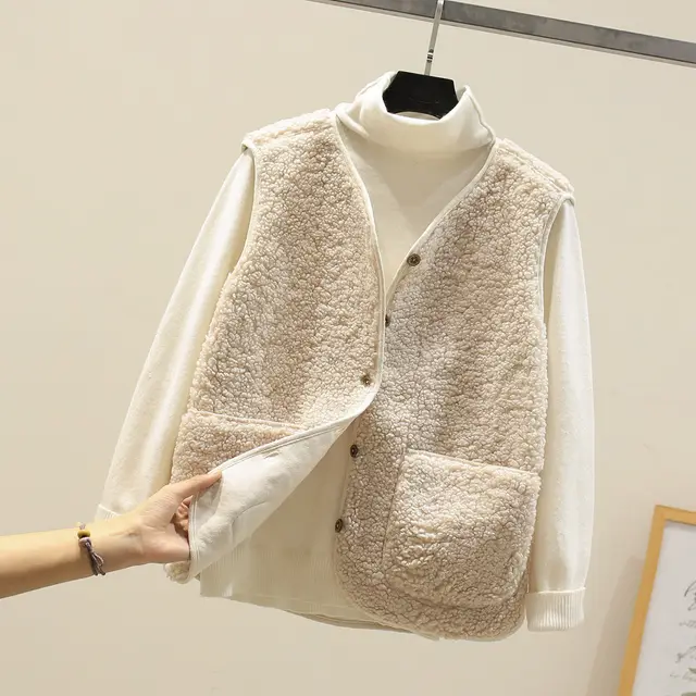 Lamb Wool Vest Women's Short Fur Vest Particle Plush Waistcoat Jacket Beige - Shop at LoveMi