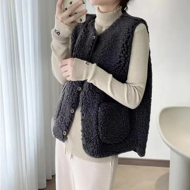 Lamb Wool Vest Women's Short Fur Vest Particle Plush Waistcoat Jacket Black And Gray - Shop at LoveMi