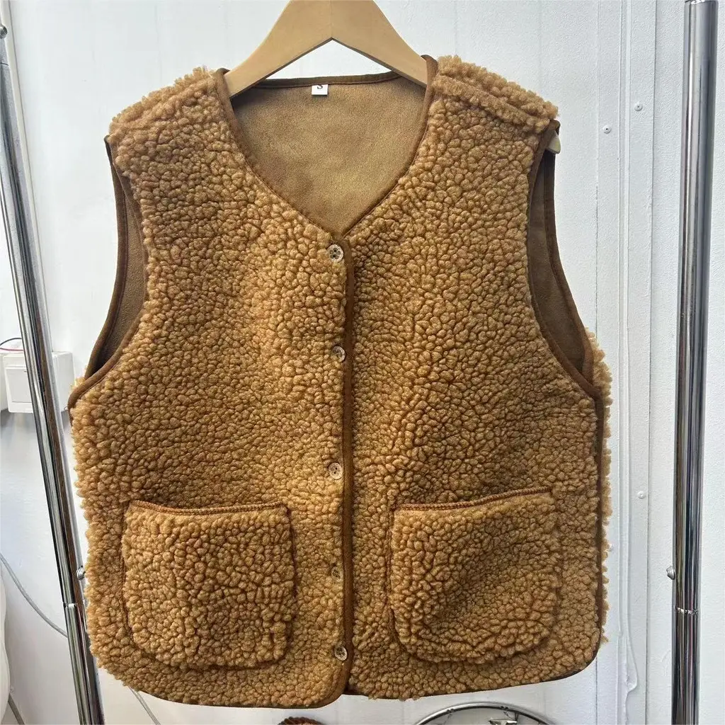 Lamb Wool Vest Women's Short Fur Vest Particle Plush Waistcoat Jacket - Maillard Colour