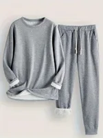 Solid Color Casual And Comfortable Thermal Quilted Homewear Suits - Light Gray