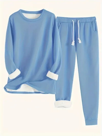 Solid Color Casual And Comfortable Thermal Quilted Homewear Suits Sapphire Blue - Shop at LoveMi