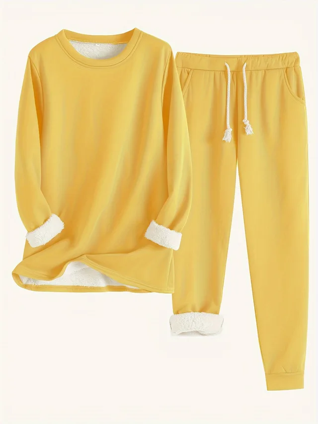 Solid Color Casual And Comfortable Thermal Quilted Homewear Suits Yellow - Shop at LoveMi