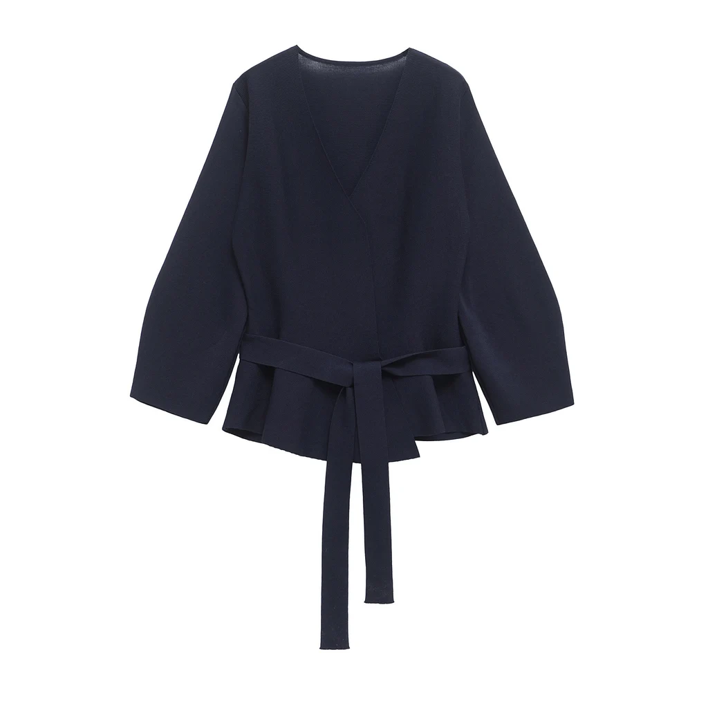 European And American Style Elegant Deep V-neck With Belt Padded Shoulder - Navy Blue