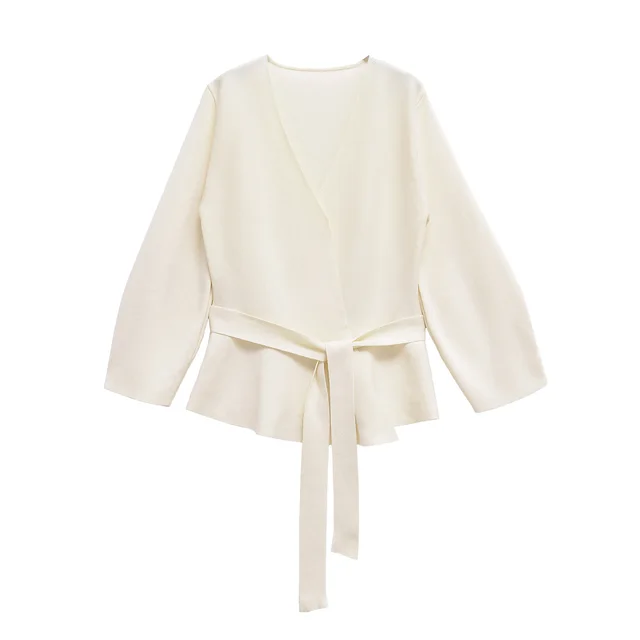 European And American Style Elegant Deep V neck With Belt Padded Shoulder White - Shop at LoveMi