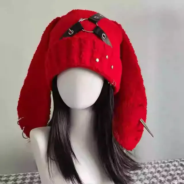 Yabi Culture Rabbit Ear Hat Autumn And Winter Design Violent Piercing Rivet Red Rivet Rabbit - Shop at LoveMi