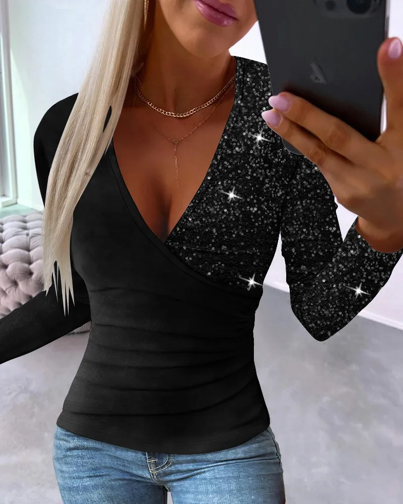 European And American Women's Clothing Fashion Cross Collar Sequin Top - Black - View 1