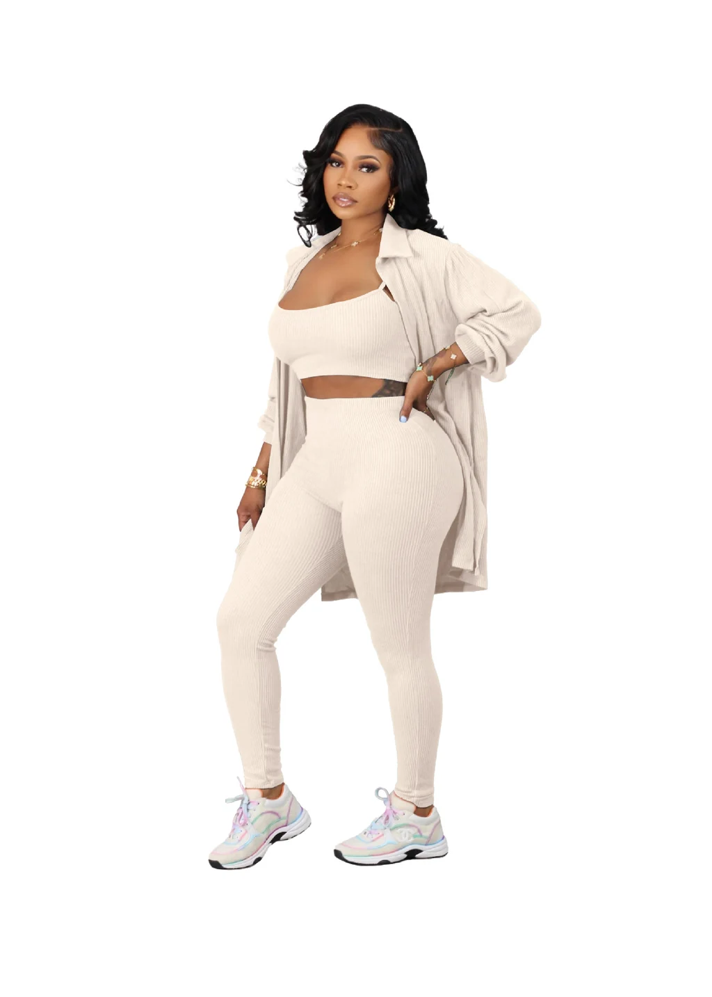 Fashion Casual Home Sling Jacket Small Sunken Stripe Three-piece Set - 2816 Apricot