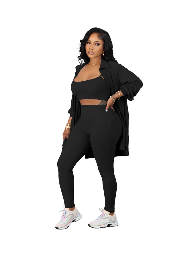 Fashion Casual Home Sling Jacket Small Sunken Stripe Three piece Set 2816 Black - Shop at LoveMi