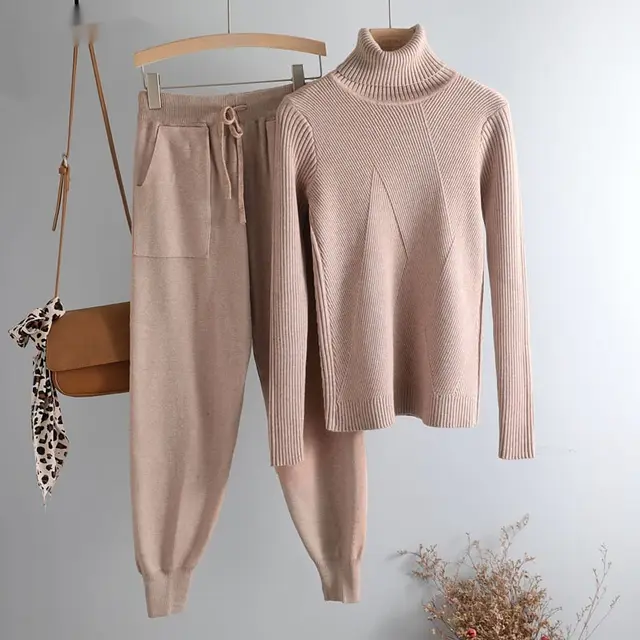 Sweater Casual Suit Pants Female Autumn And Winter Thick Thermal Knitting Khaki - Shop at LoveMi