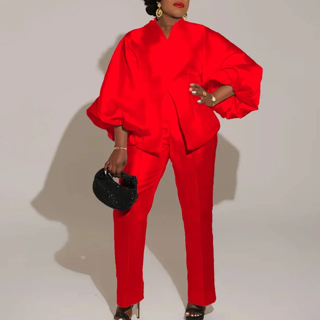 Elegant Ol Pure Color African Plus Size Cross border Two piece Set Red - Shop at LoveMi