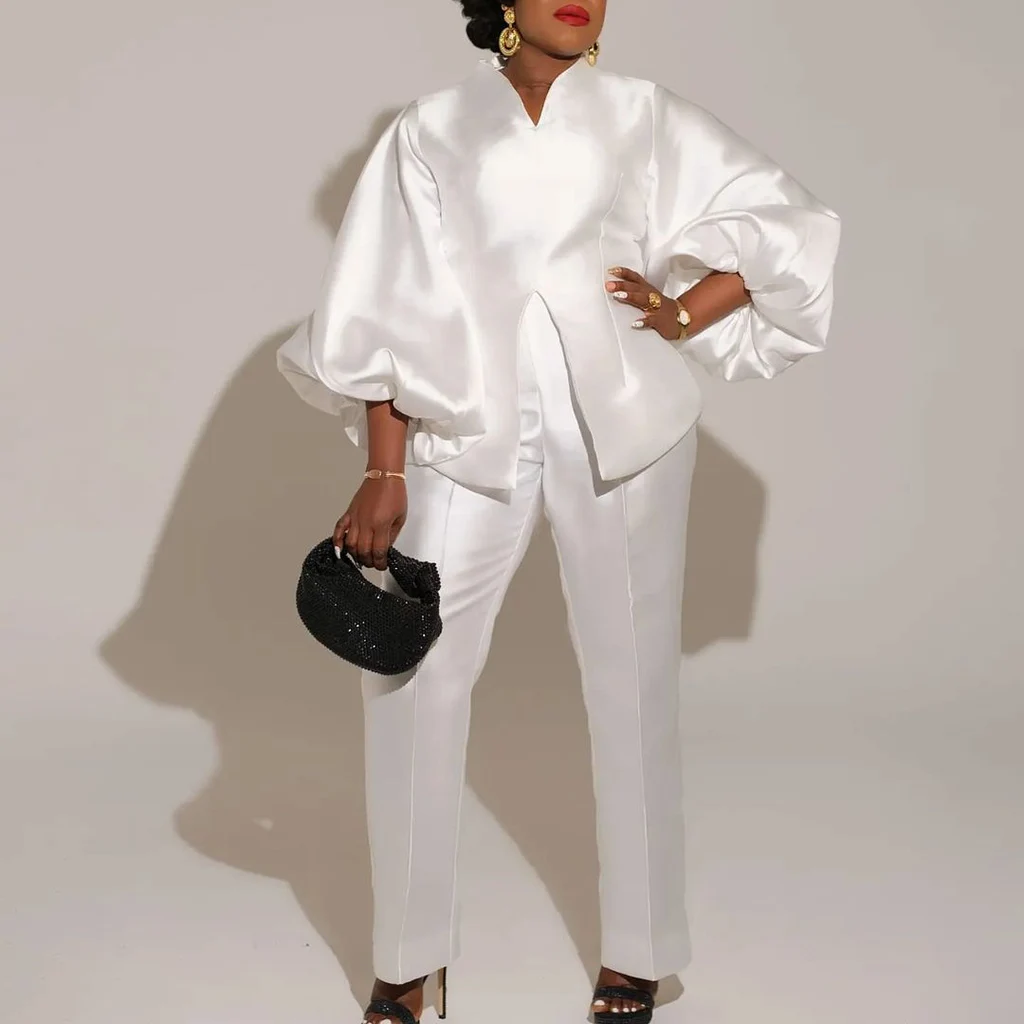 Elegant Ol Pure Color African Plus Size Cross-border Two-piece Set - White