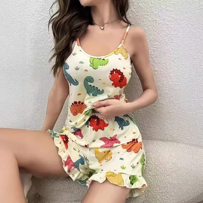 Multi color Cartoon Dinosaur Printed Sling Top Ruffled Shorts Home Wear Suit White - Shop at LoveMi