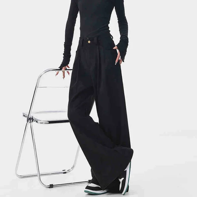 Women's Thickened Brown Casual Pants Retro Mop Wide Leg Pants Black - Shop at LoveMi