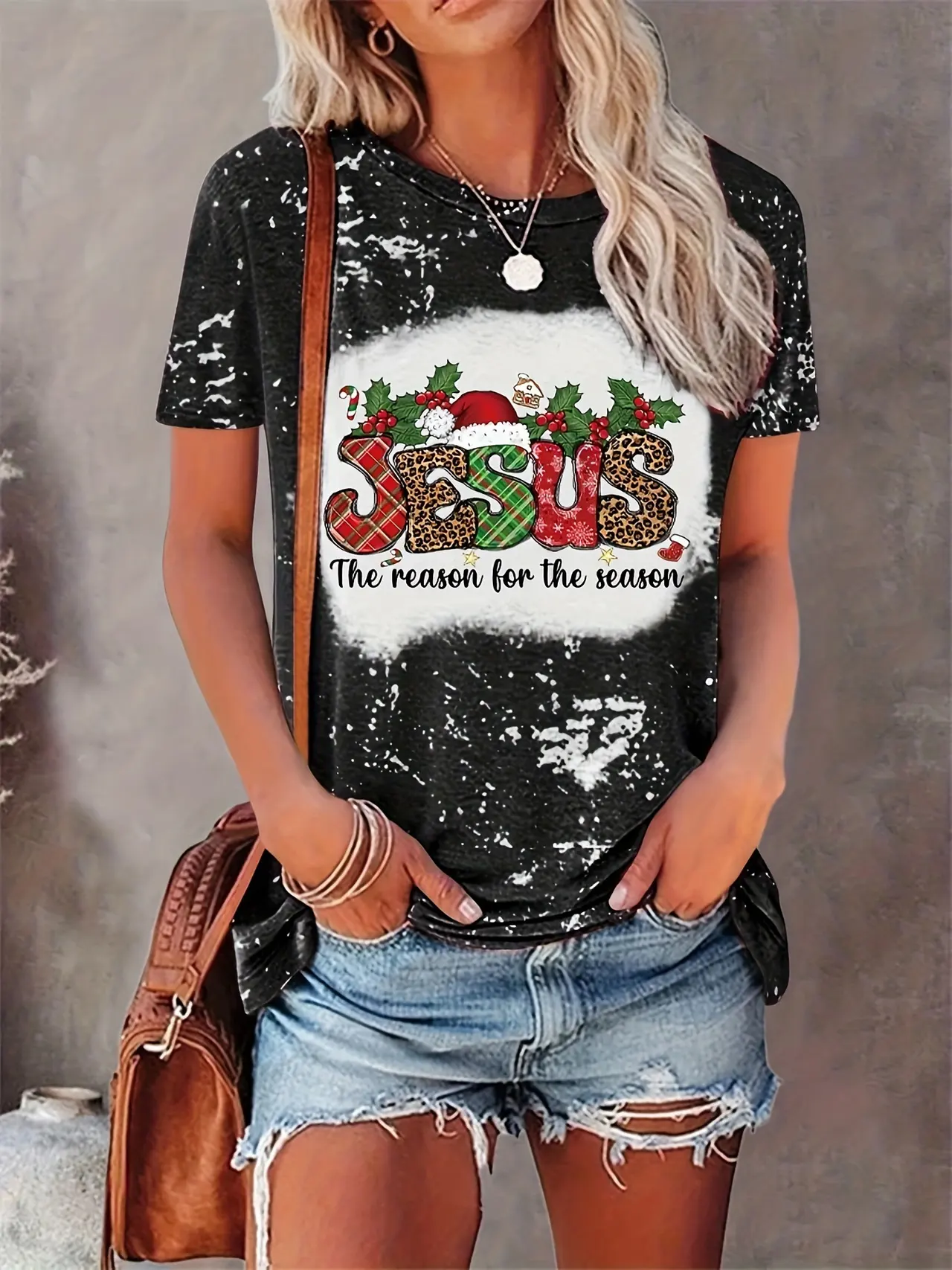 Christmas Fashion Print Round Neck T-shirt - Black
