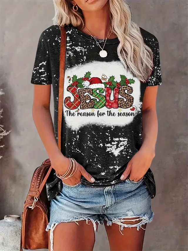 Christmas Fashion Print Round Neck T shirt Black - Shop at LoveMi