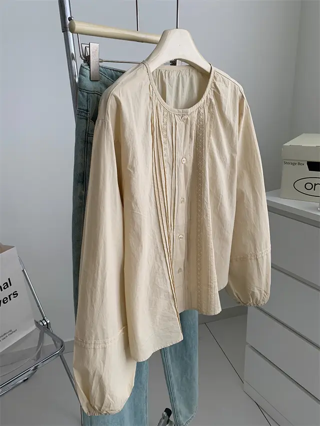 French Style Retro Exquisite Embroidered Crew Neck Doll Shirt Milk Tea Color - Shop at LoveMi